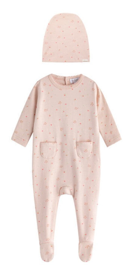 Tulip print pink footie + hat by Oubon